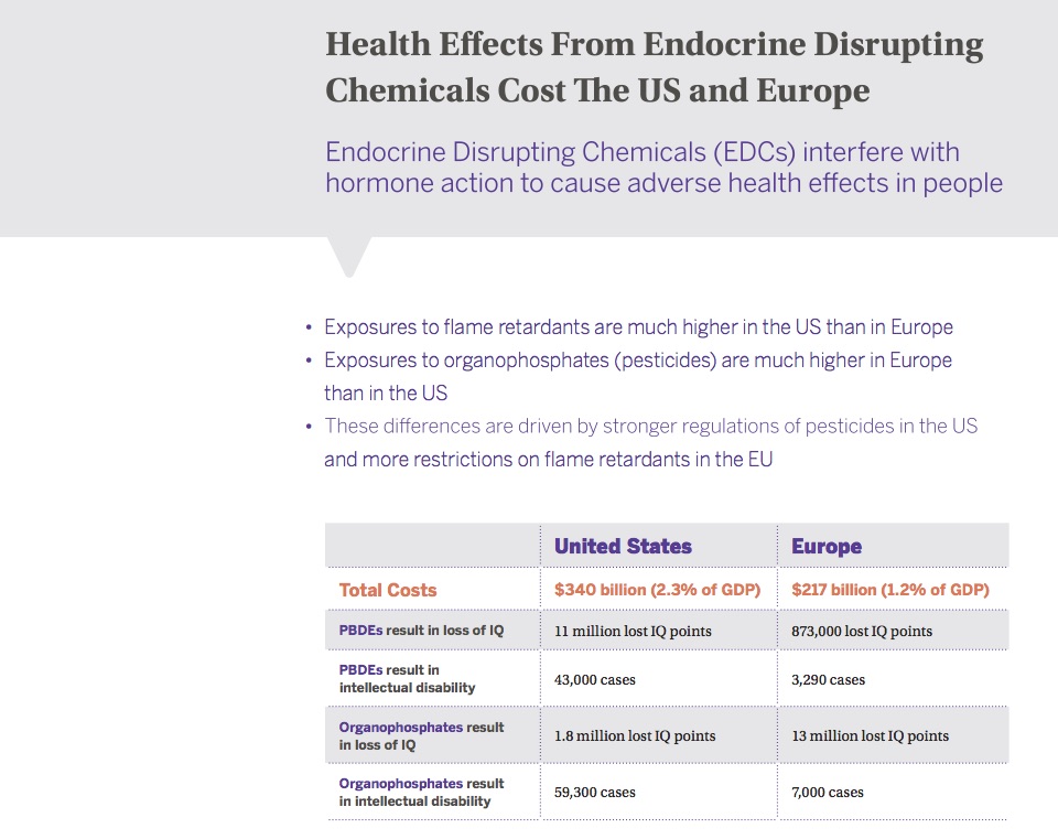 Infographic on cost of health effects from endocrine disrupting chemicals to the US and Europe