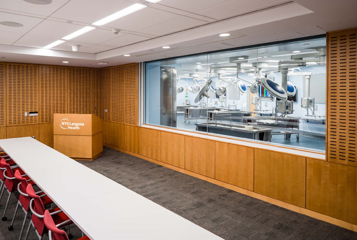 The seminar room at the Joan and Joel Smilow Research Center provides access to the cadaver education tissue lab