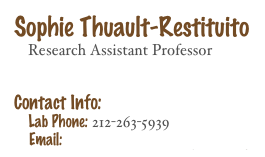 Sophie Thuault-Restituito 
    Research Assistant Professor 


Contact Info: 
    Lab Phone: 212-263-5939
    Email: Sophie.restituito@nyumc.org 